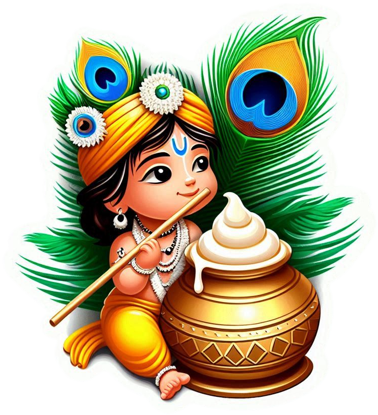 happy krishna janmashtami png for whatsapp status with dahi handi flute peacock feather and baby krishna eating butter