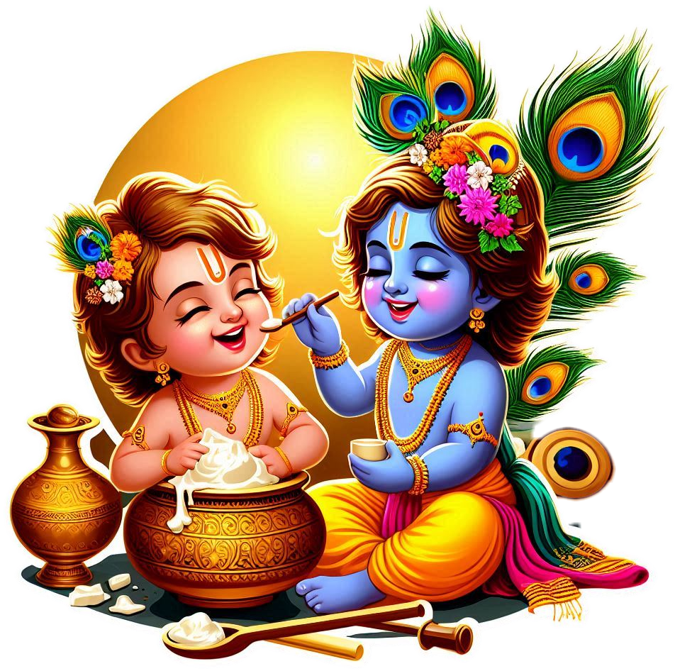 happy krishna janmashtami png with dahi handi flute peacock feather and baby krishna eating butter