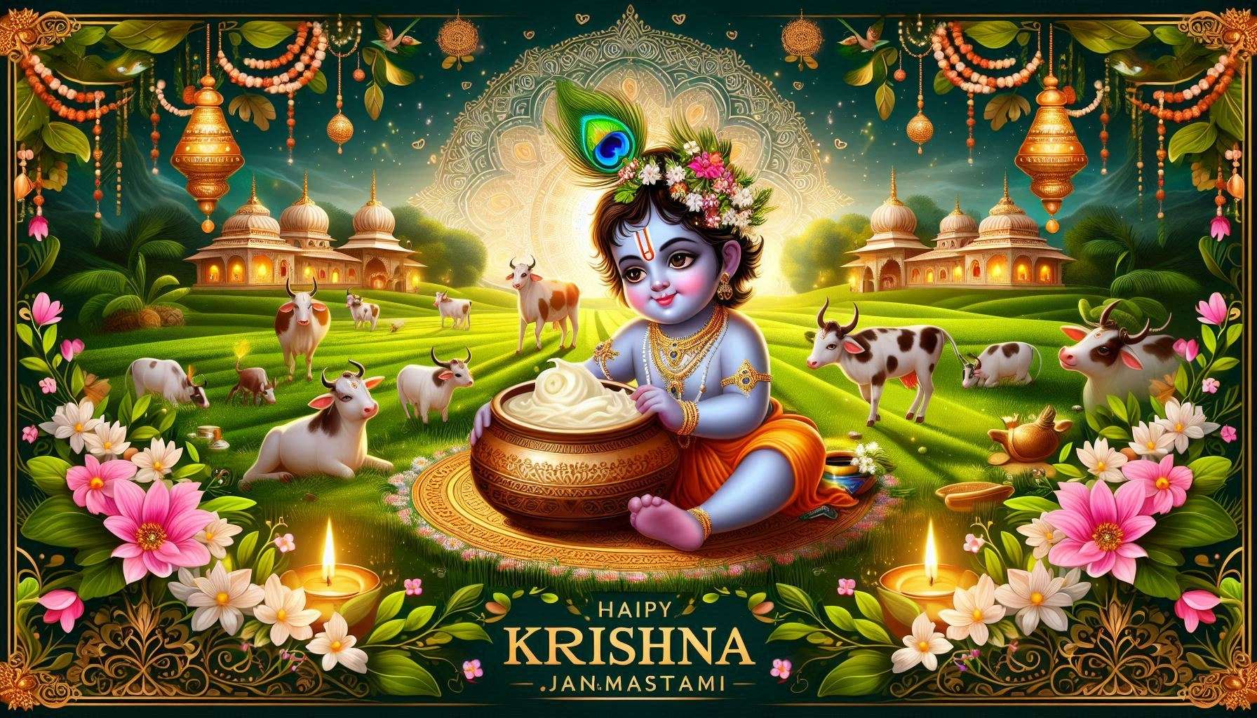 happy krishna janmashtami wishes with vibrant rangoli design pictures