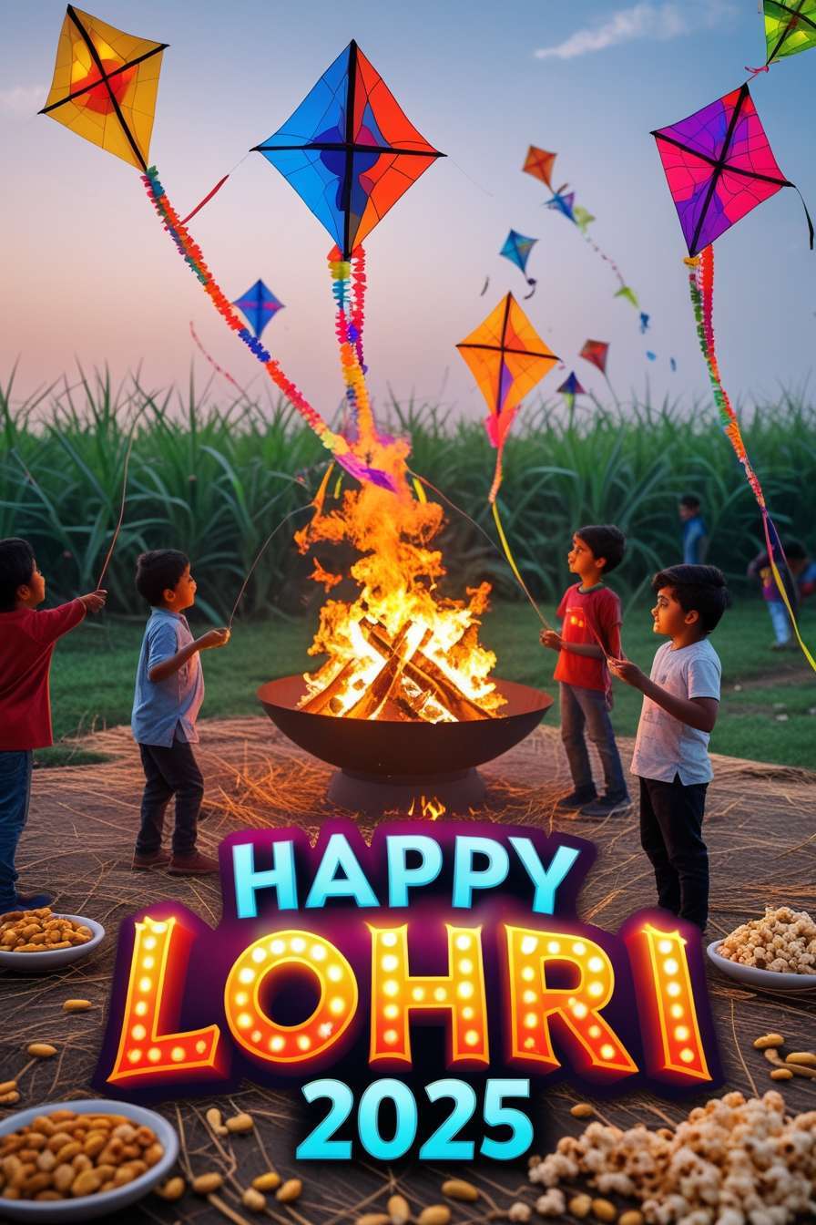 happy lohri greetings 2025 with creative typography