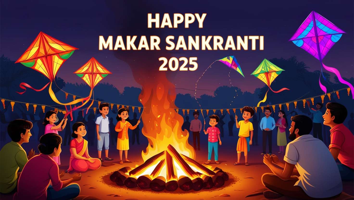 happy makar sankranti 2025 png pictures with kites and bonfire