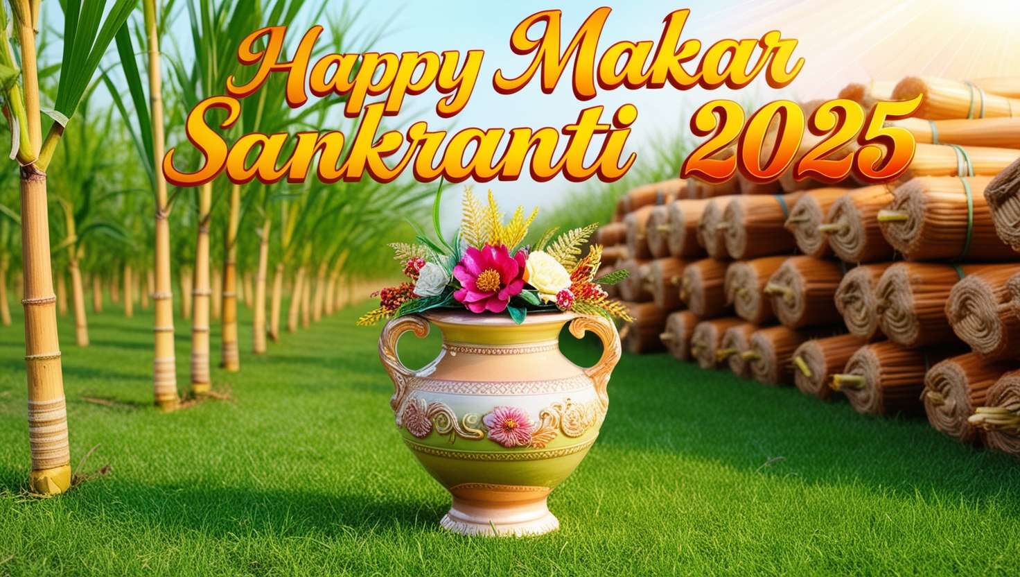 happy makar sankranti wishes 2025 with sugarcane background