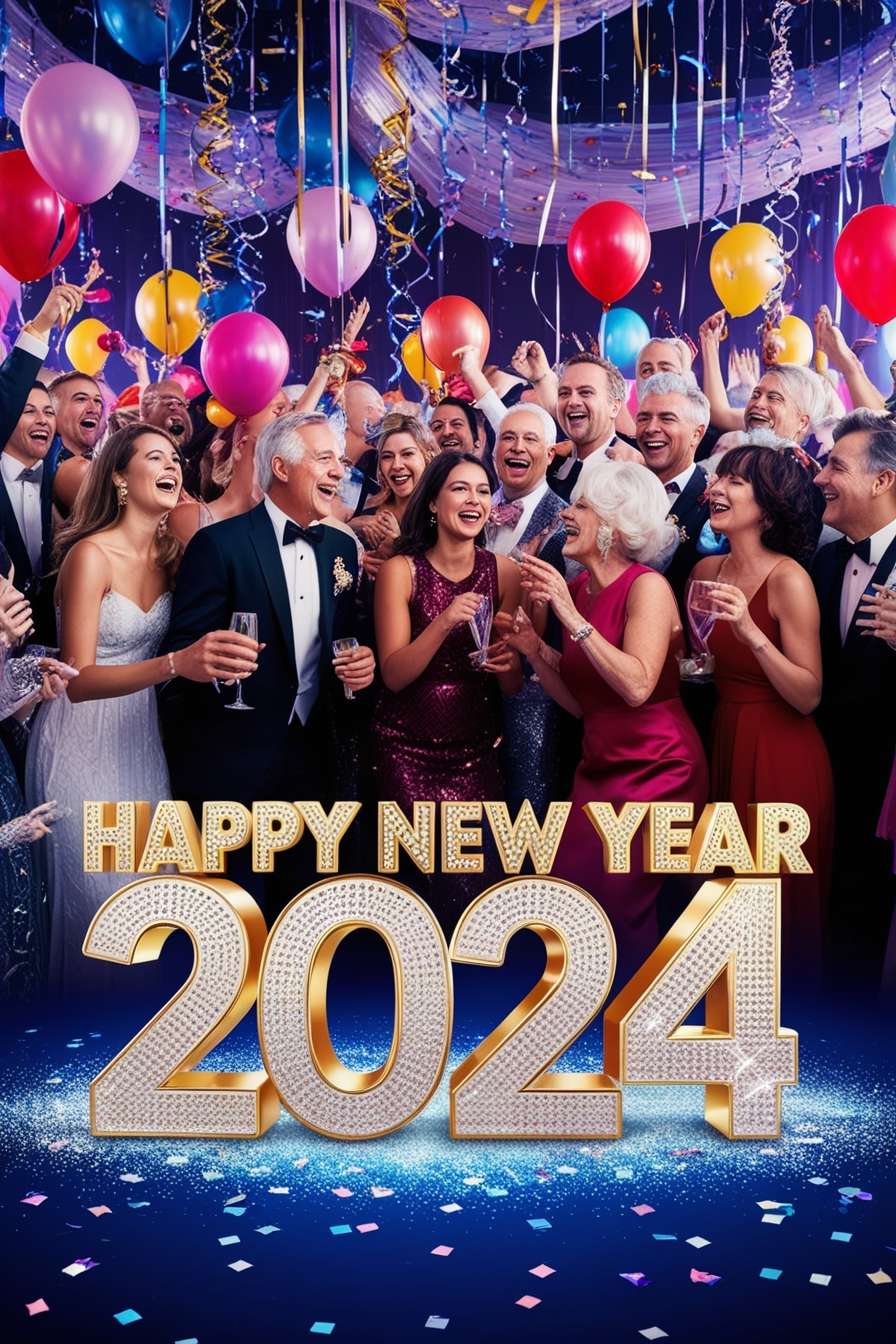 happy new year 2024 wallpaper hd with festive balloons