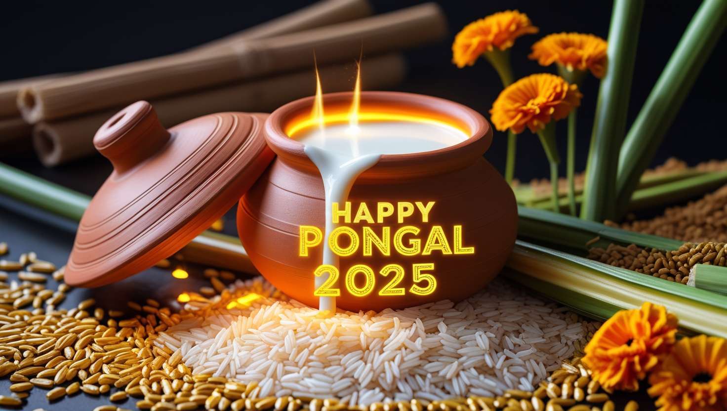 happy pongal 2025 images with sugarcane and pots