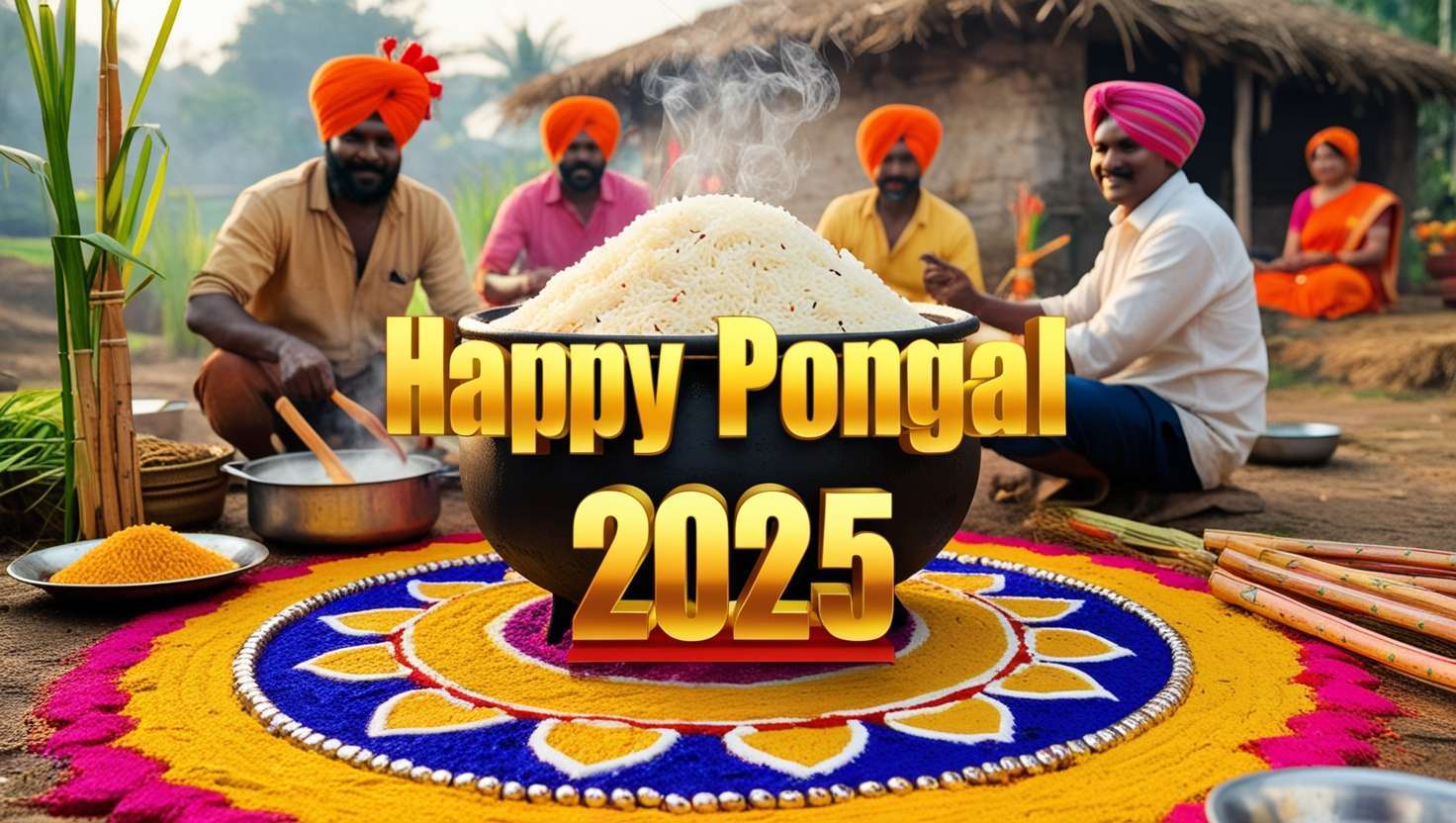 happy pongal greetings 2025 with festival elements