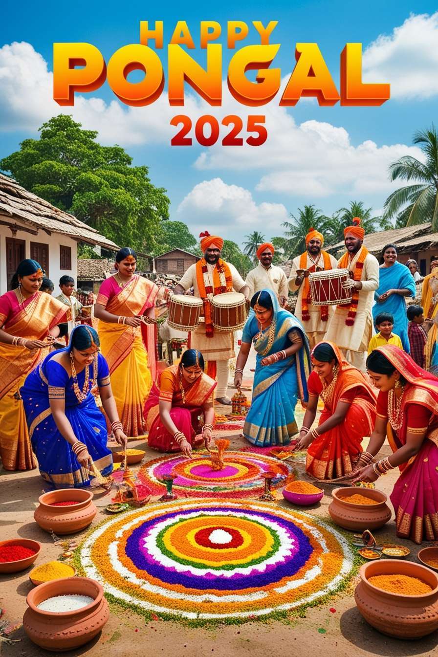 happy pongal greetings 2025 with rangoli design