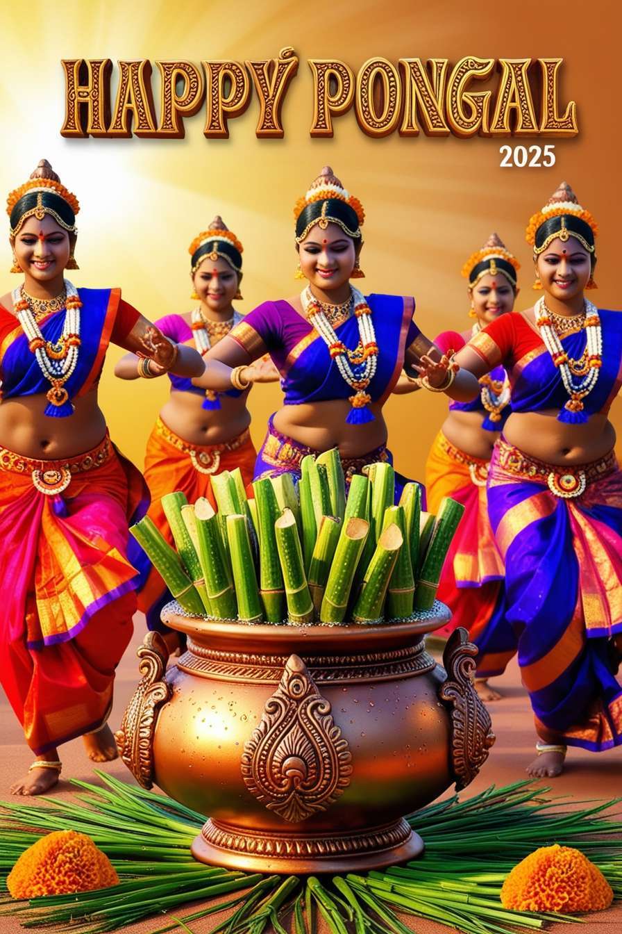 happy pongal greetings 2025 with sugarcane and pot