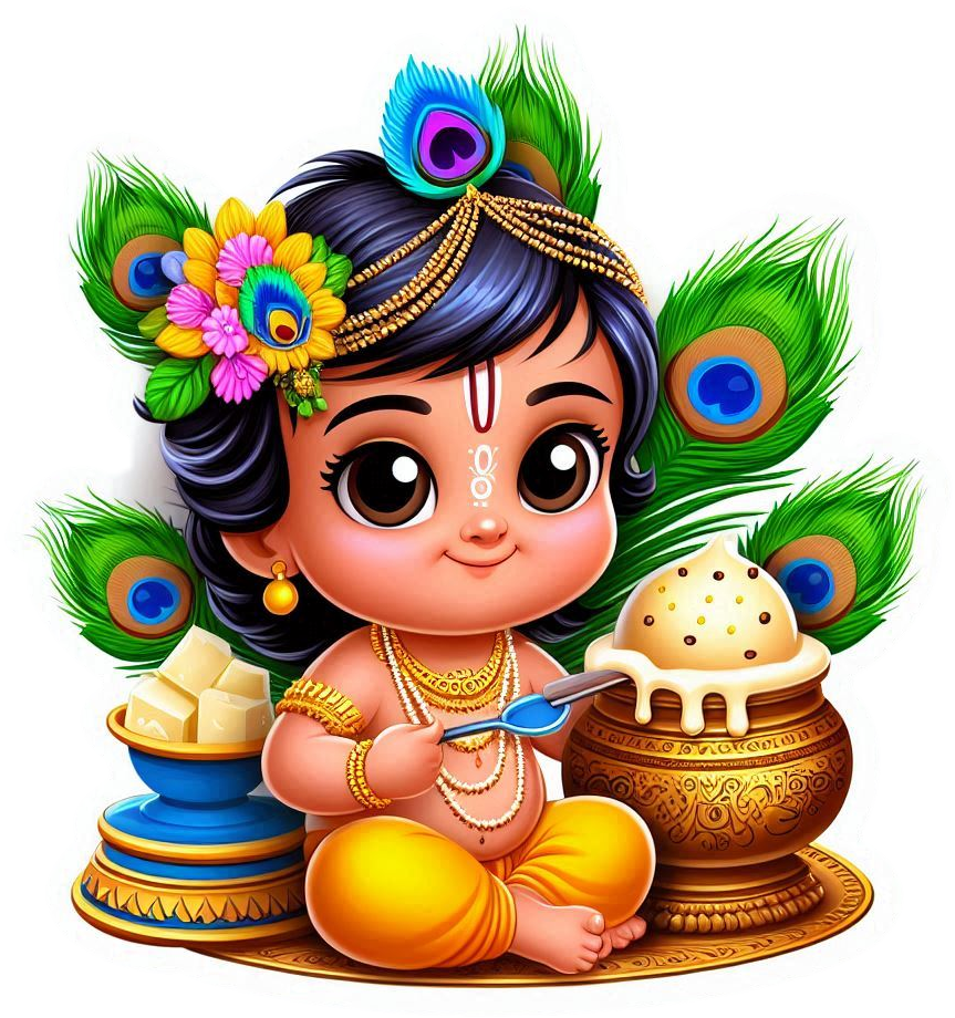 high resolution happy krishna janmashtami png featuring baby krishna eating butter dahi handi and peacock feather