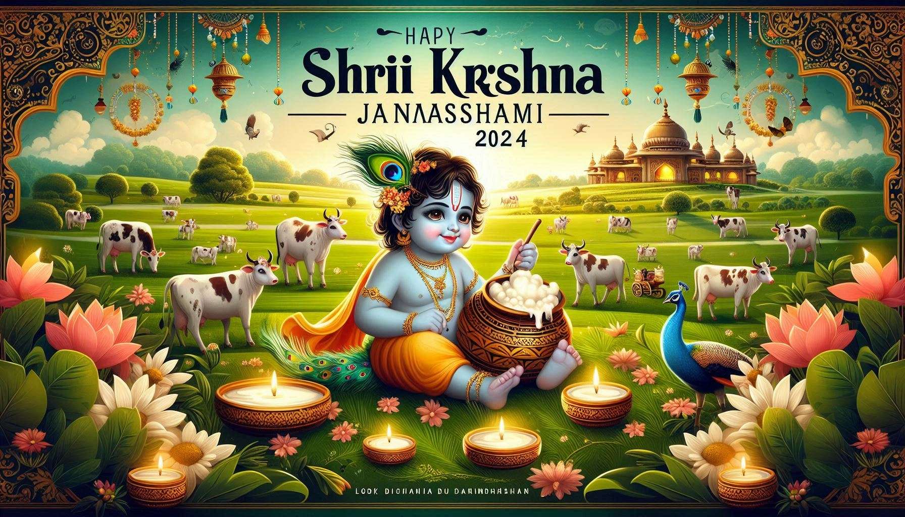 krishna janmashtami wishes with serene vrindavan background images