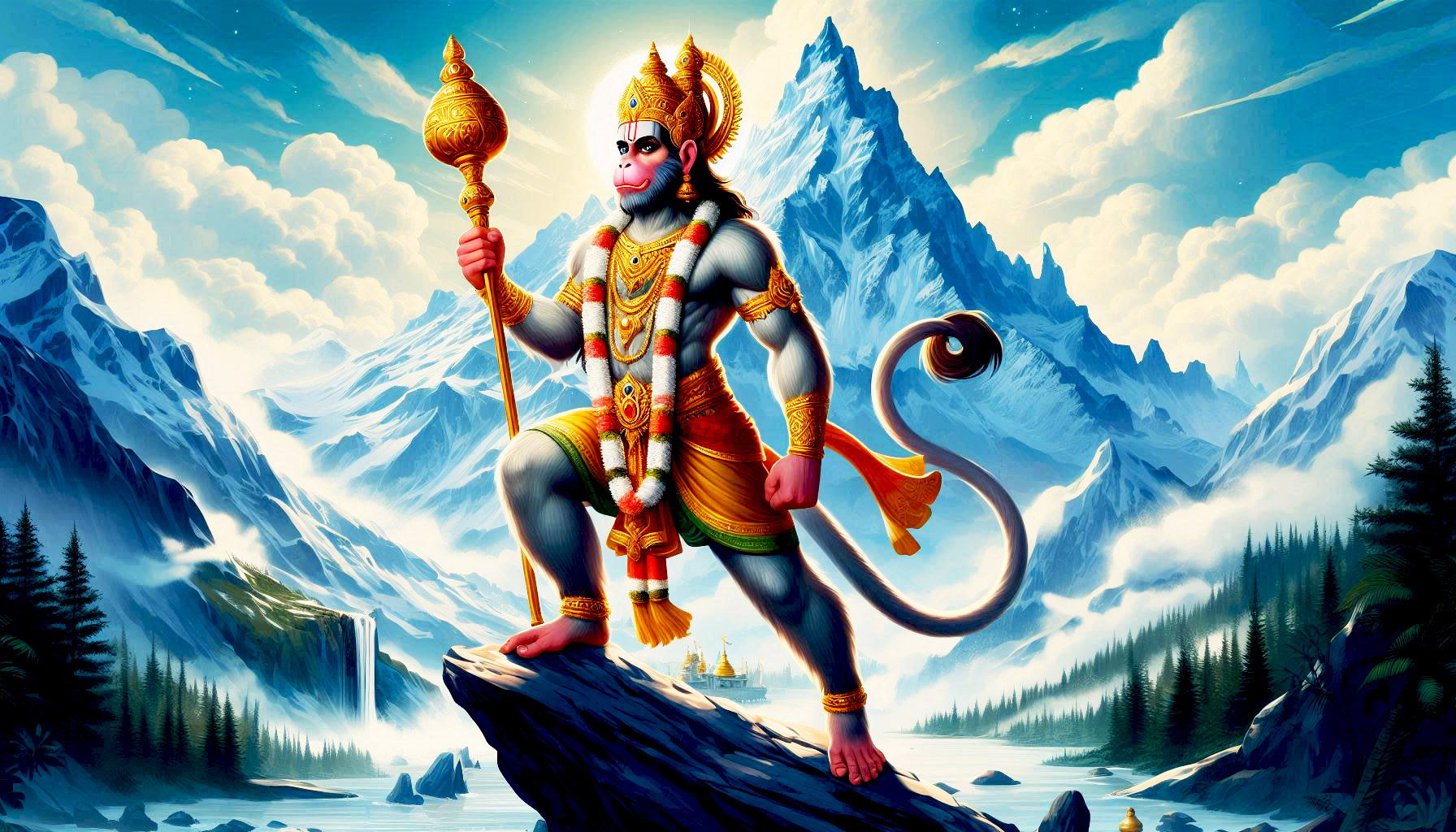 majestic jay hanuman amidst snowy mountains and cloud
