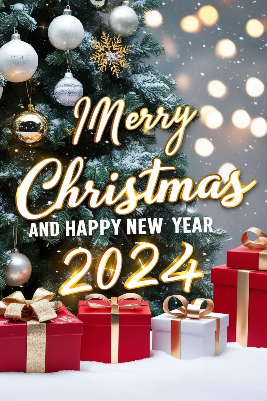 merry christmas and happy new year 2024 text overlay