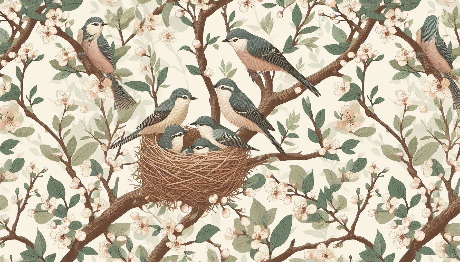 nature-inspired spring wallpaper with birds tending nests in a blooming tree