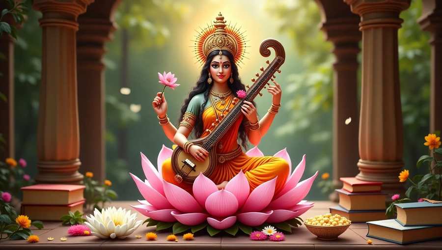 saraswati puja wallpapers with books, veena, and flowers