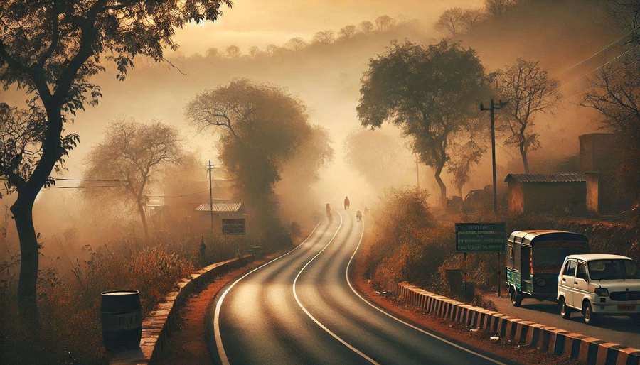 scenic indian roads in foggy winter mornings