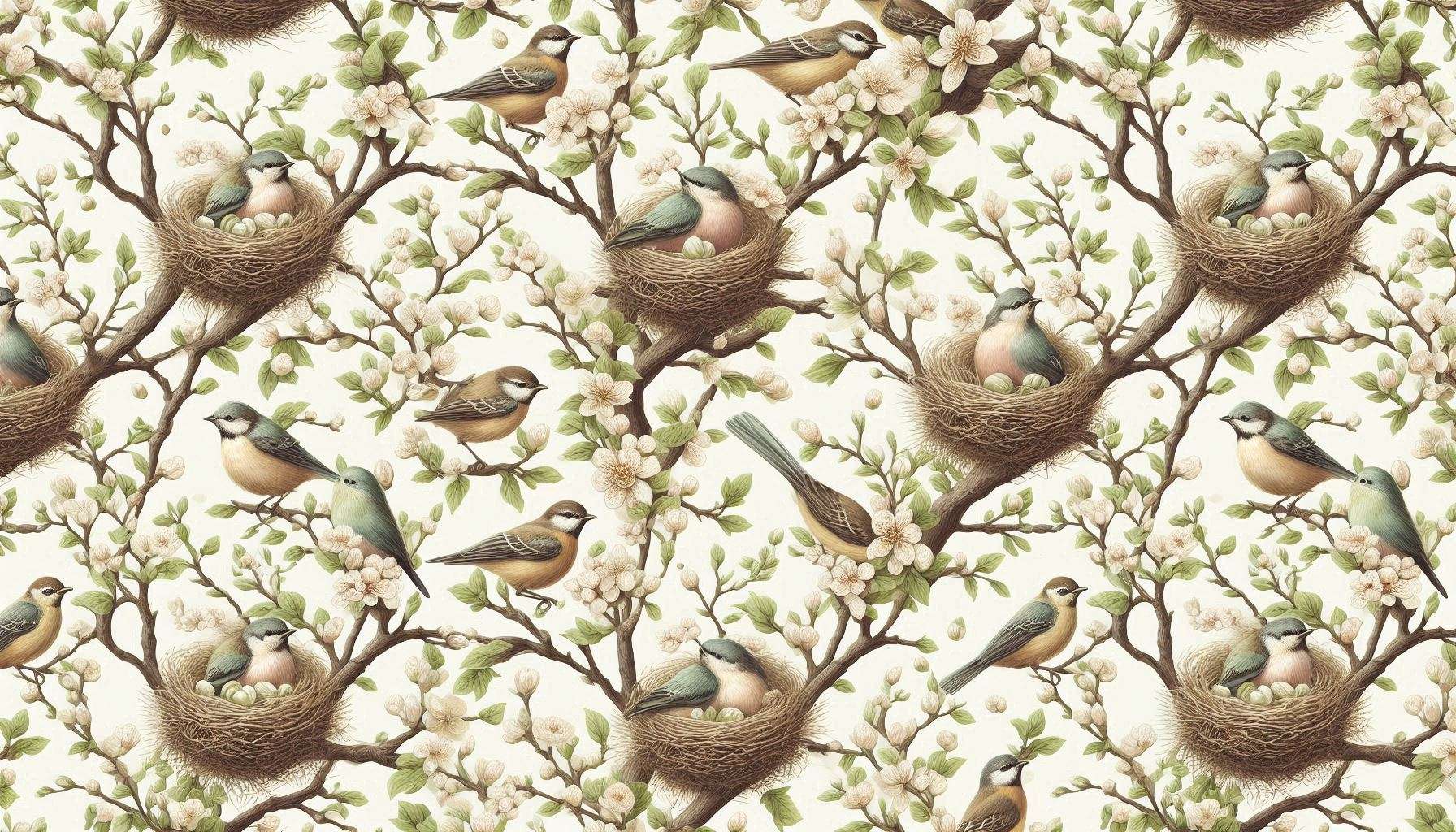 Download Free serene wallpaper with birds in a spring tree filled with buds and soft green leaves for websites, slideshows, and designs | royalty-free and unlimited use.