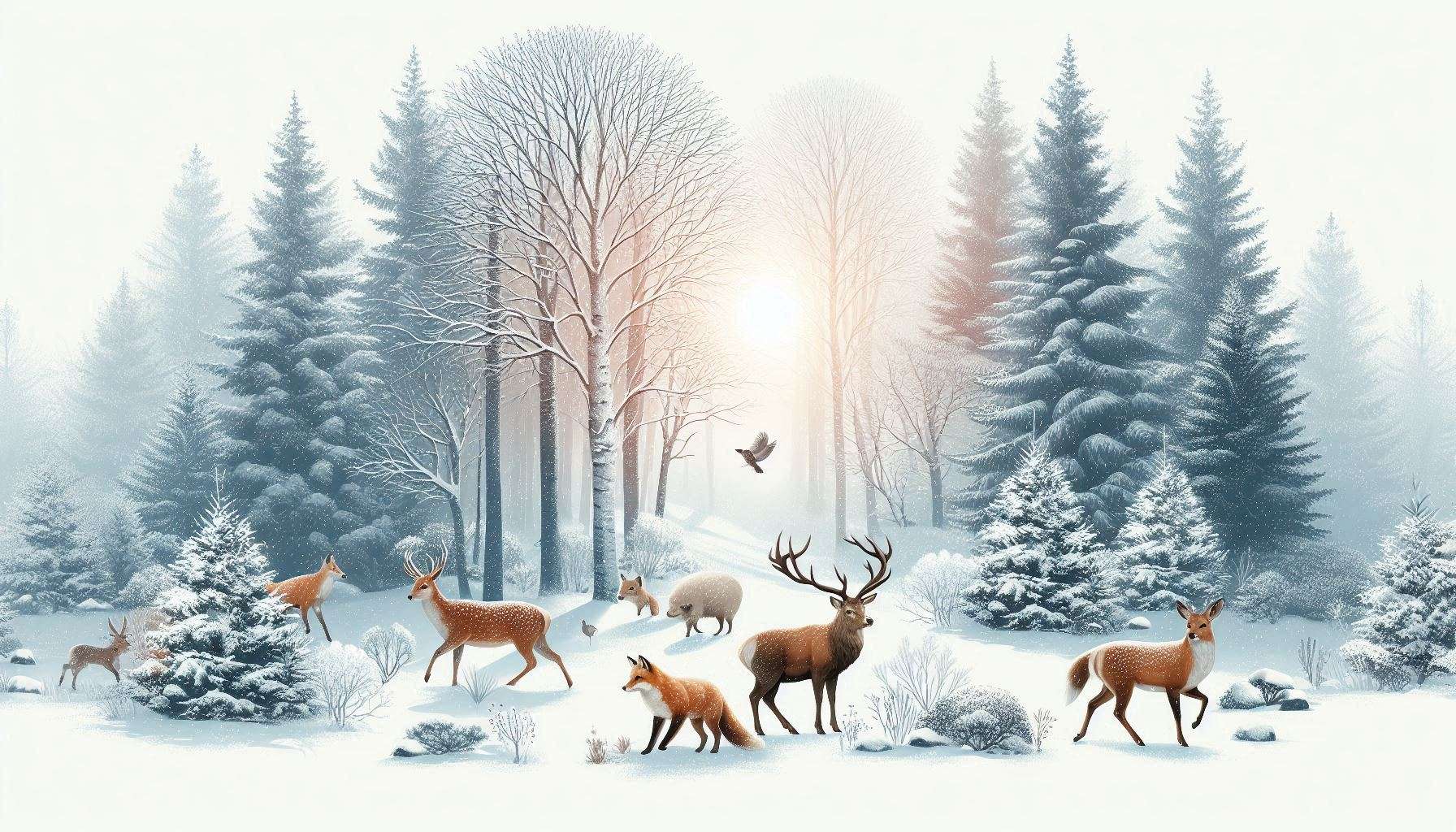 Download Free serene winter wildlife wallpaper with deer and foxes in a snowy forest for websites, slideshows, and designs | royalty-free and unlimited use.