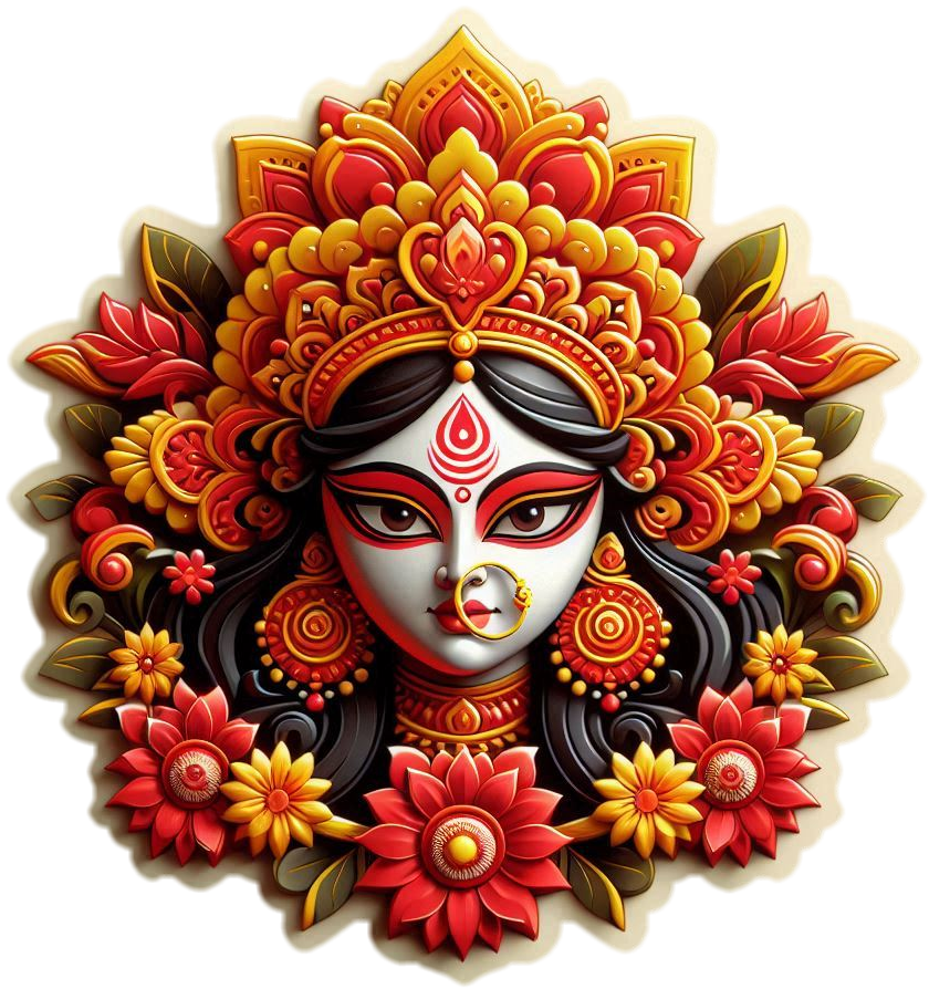 Download Free transparent png of devi maa durga face with red and yellow flowers for websites, slideshows, and designs | royalty-free and unlimited use.