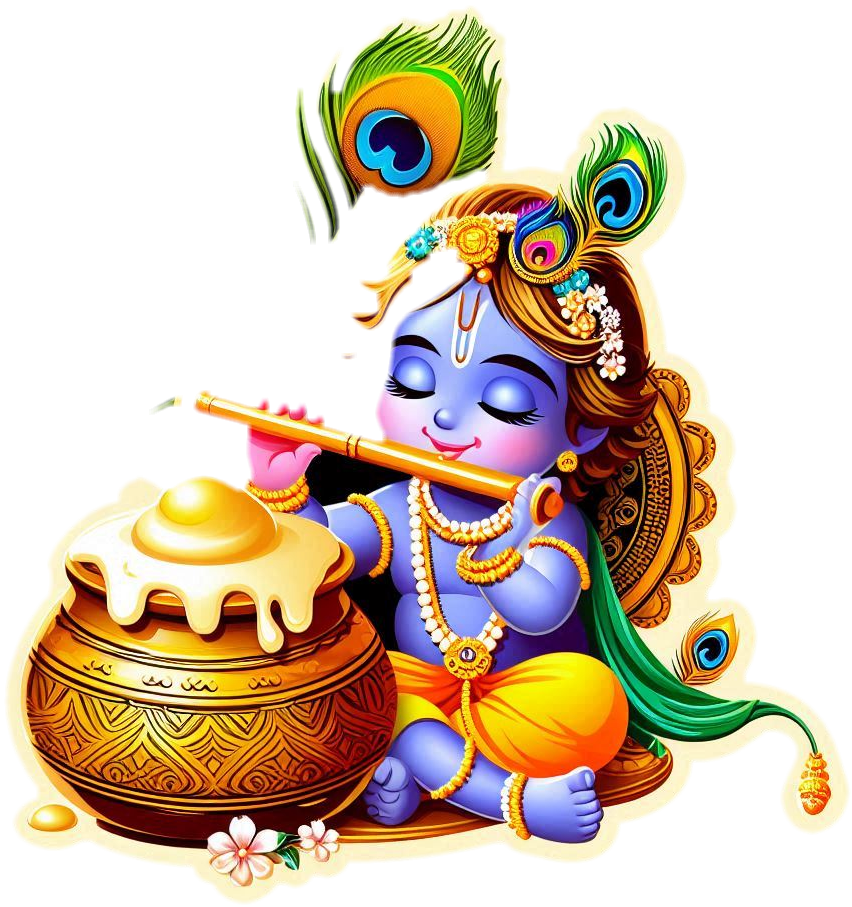 unique happy krishna janmashtami png template with dahi handi flute peacock feather and baby krishna eating butter