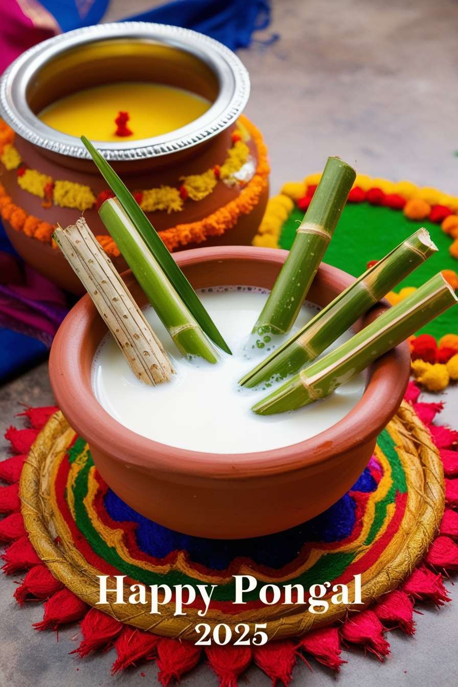 unique happy pongal 2025 photos with sugarcane and pots