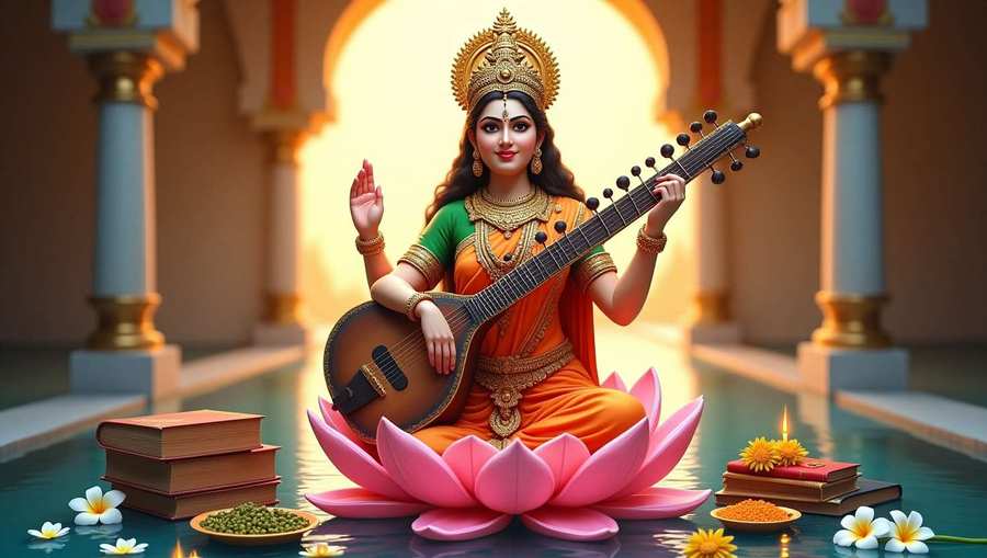 unique saraswati puja wallpaper with light effects