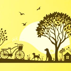 tree dog and bicycle on light yellow background