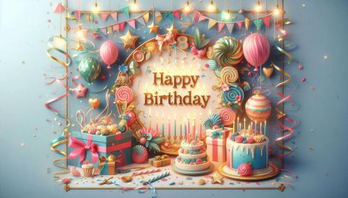 happy birthday image download with festive decorations and streamers