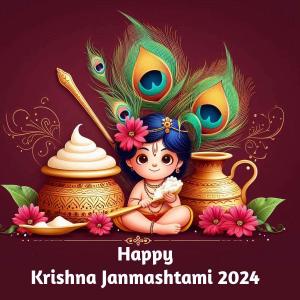 happy krishna janmashtami wallpaper featuring child krishna and makhan