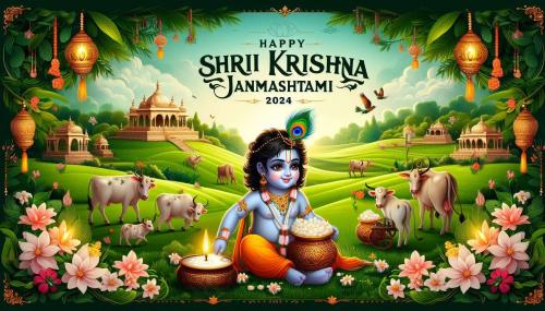 happy krishna janmashtami wishes with flute music theme pictures