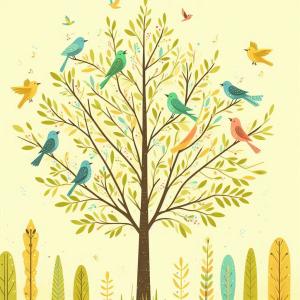 light yellow backdrop with a tree and various birds in flight and resting