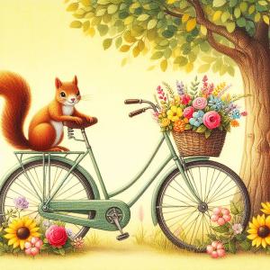 light yellow background featuring a tree a rabbit on a bicycle and a flower bouquet