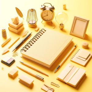 light yellow background with a book pen notebook, and study materials for an education background