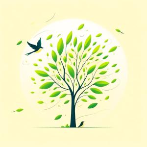 light yellow background with a tree and birds both perched and flying