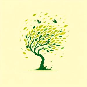 light yellow background with a tree birds, and a storm