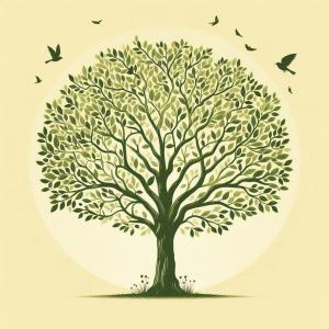 light yellow background with a tree sitting and flying birds