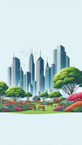 serene garden mobile background with flowers and trees in front of tall buildings