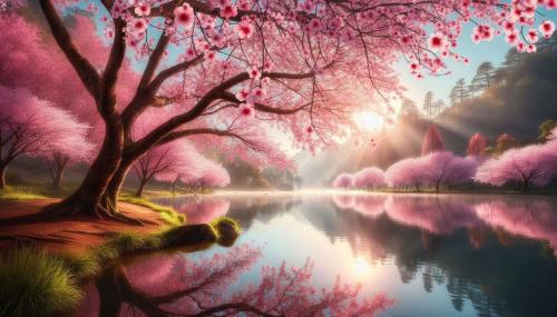 tranquil nature background showcasing blooming cherry trees and gentle ripples