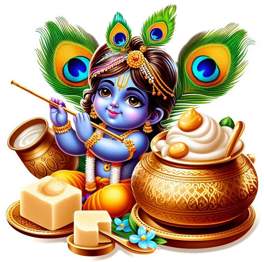  happy krishna janmashtami png vector art featuring flute dahi handi peacock feather and baby krishna eating butter