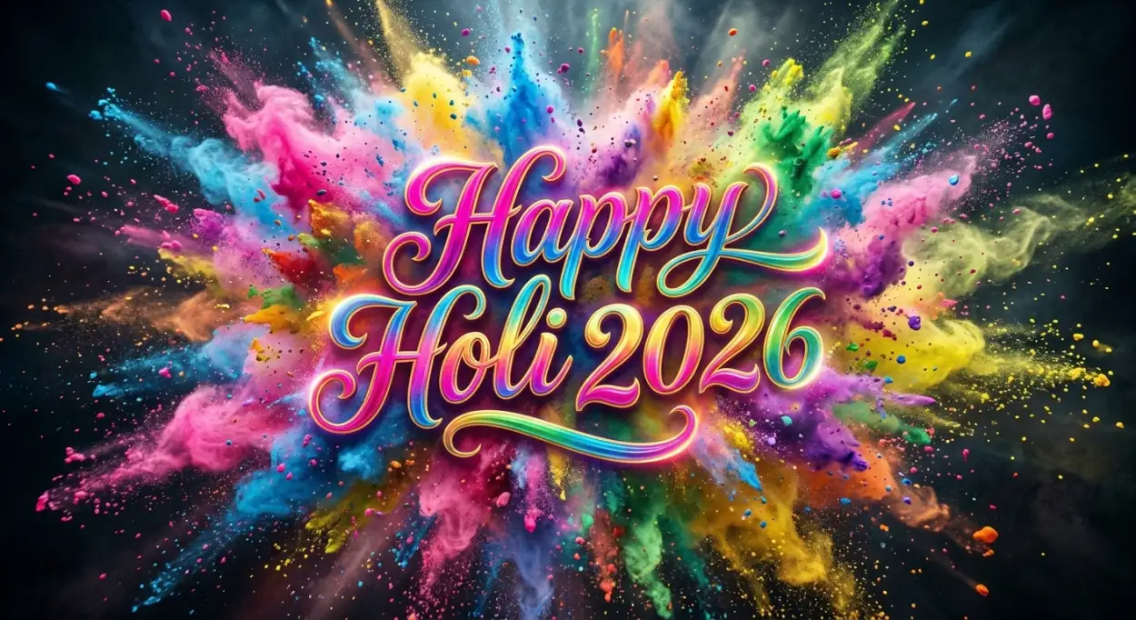 beautiful happy holi wishes 2026 greeting card design text