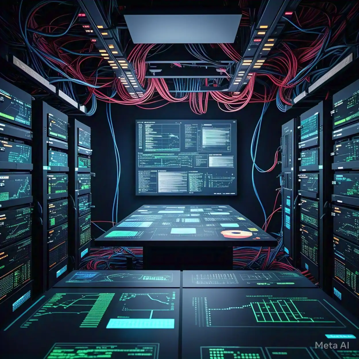 Big data analytics technology background with server room visualization