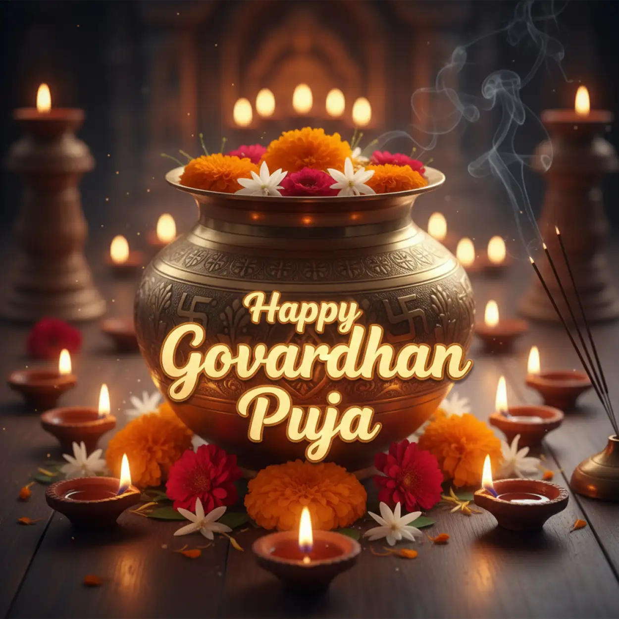Candlelit night scene with Krishna idol silhouette