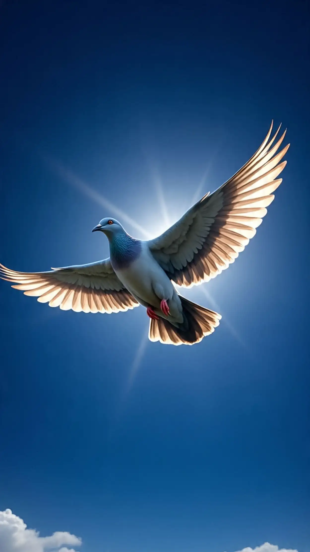 cartoon style white dove flying in blue sky