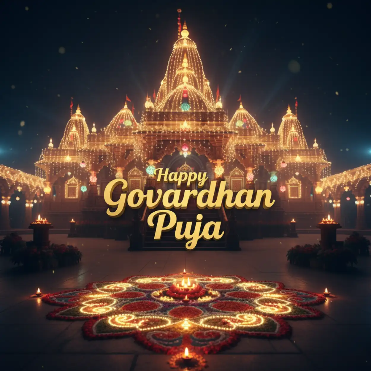 Children lighting diyas near a small Govardhan replica