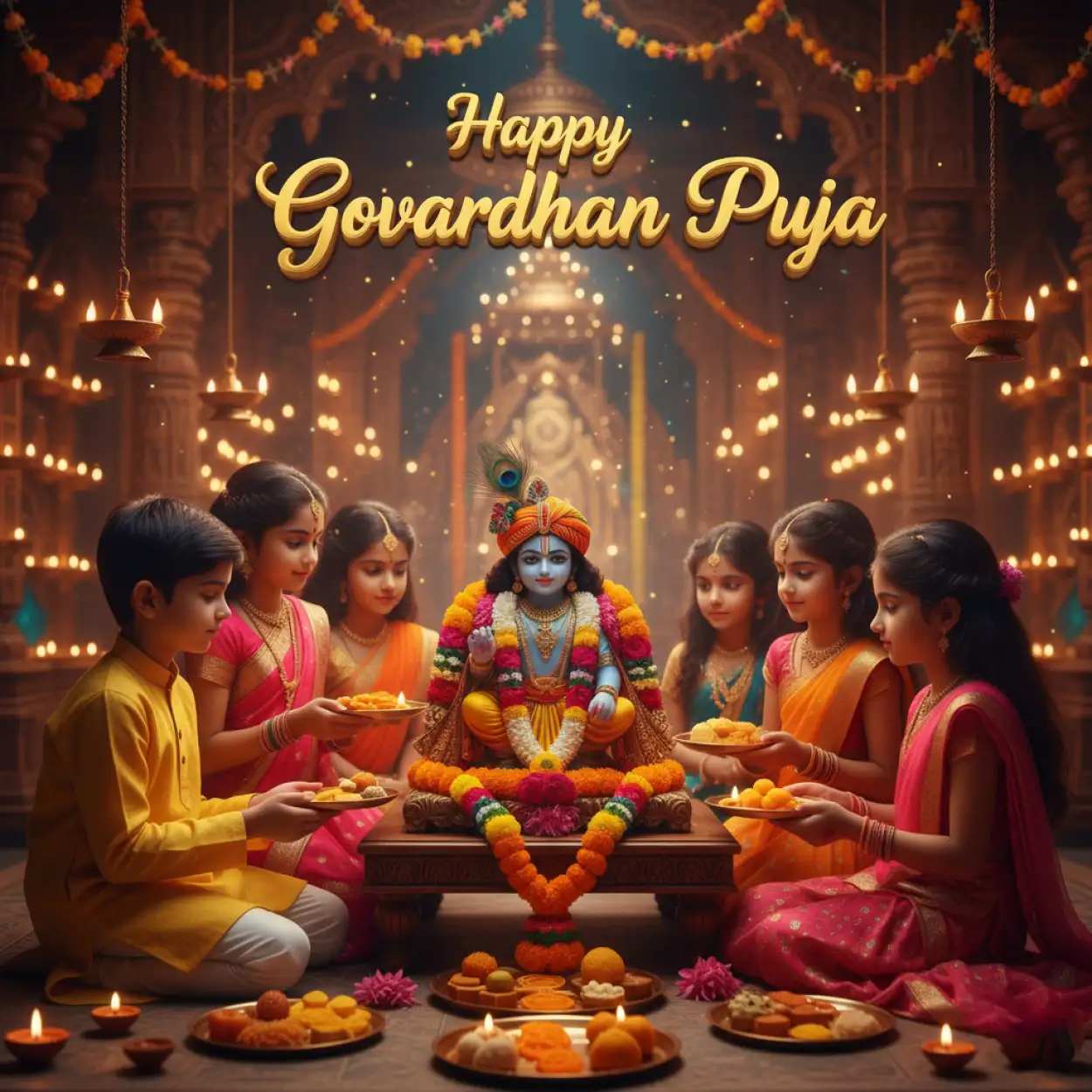 Children offering flowers to Krishna idol with glowing lamps