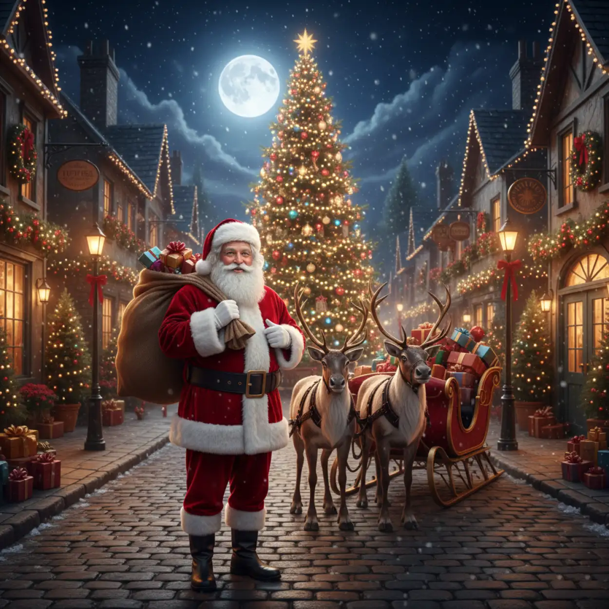 christmas background with santa claus and christmas tree