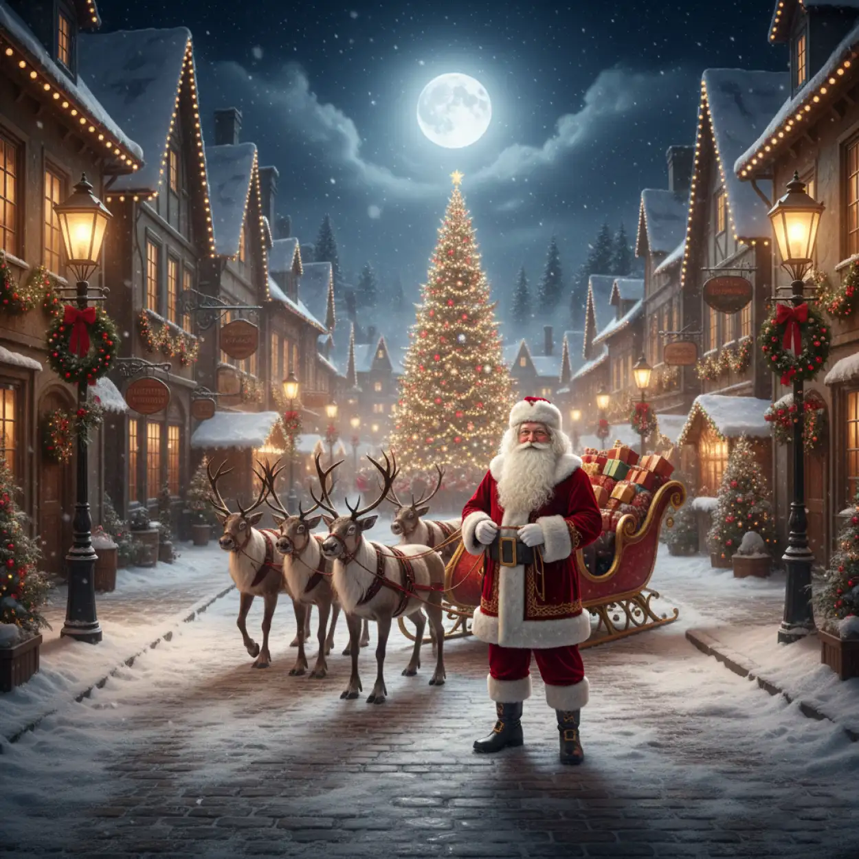 christmas background with santa claus city lights