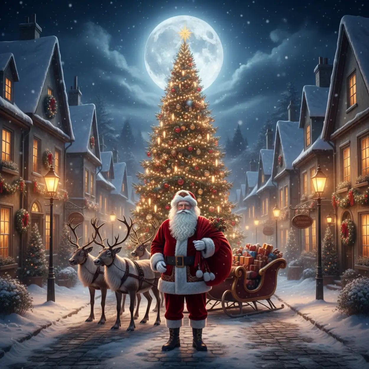 christmas background with santa claus moonlight