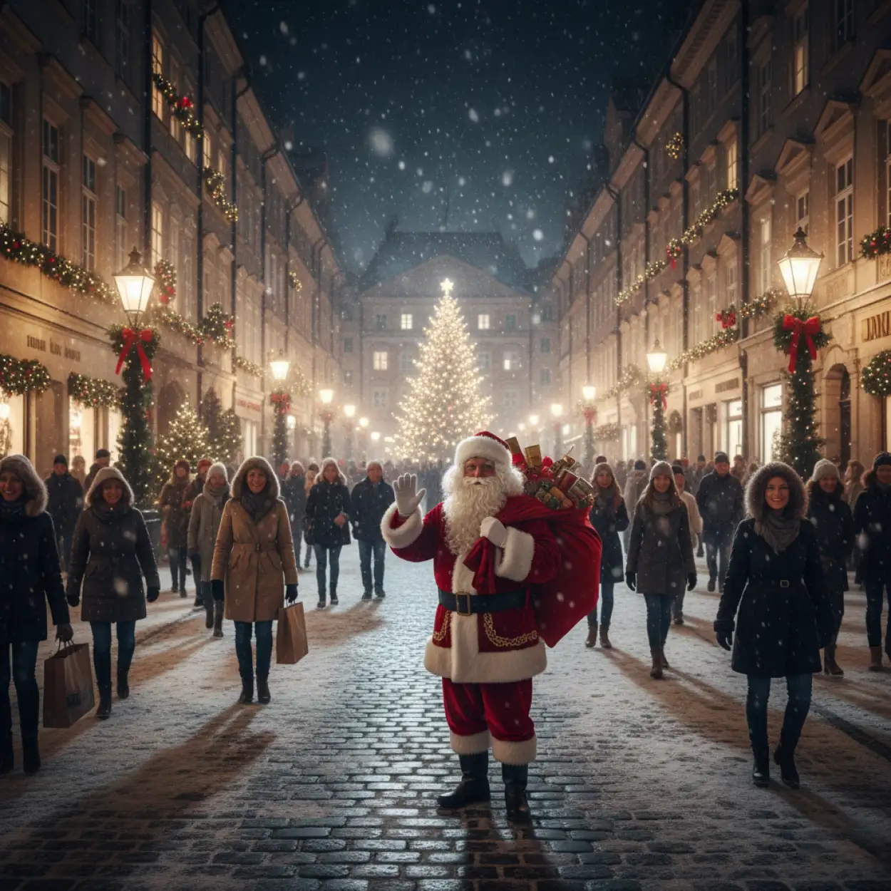 christmas background with santa claus snowy village