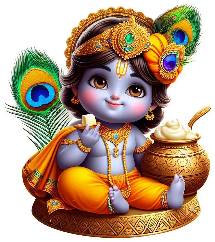 custom happy krishna janmashtami png design with dahi handi flute peacock feather and baby krishna eating butter