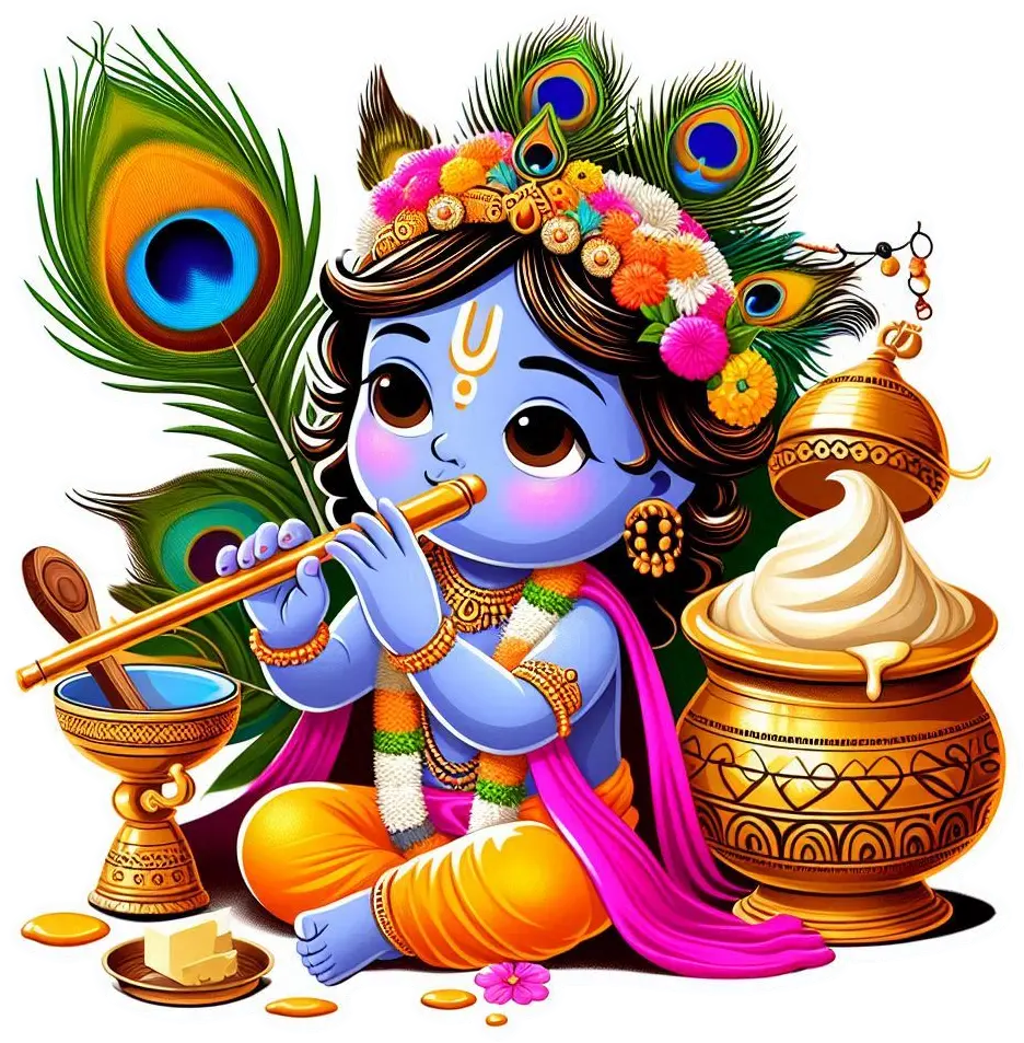 customizable happy krishna janmashtami png file with flute dahi handi peacock feather and baby krishna eating butter