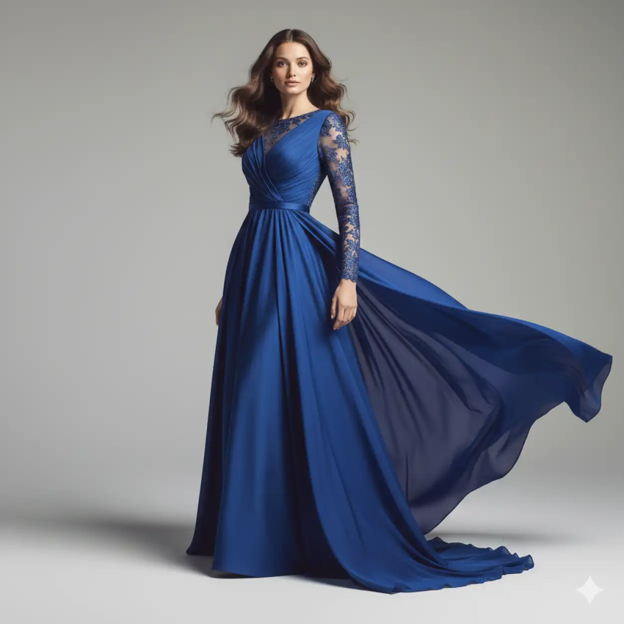 Dark studio soft shadow portrait USA woman blue designer dress